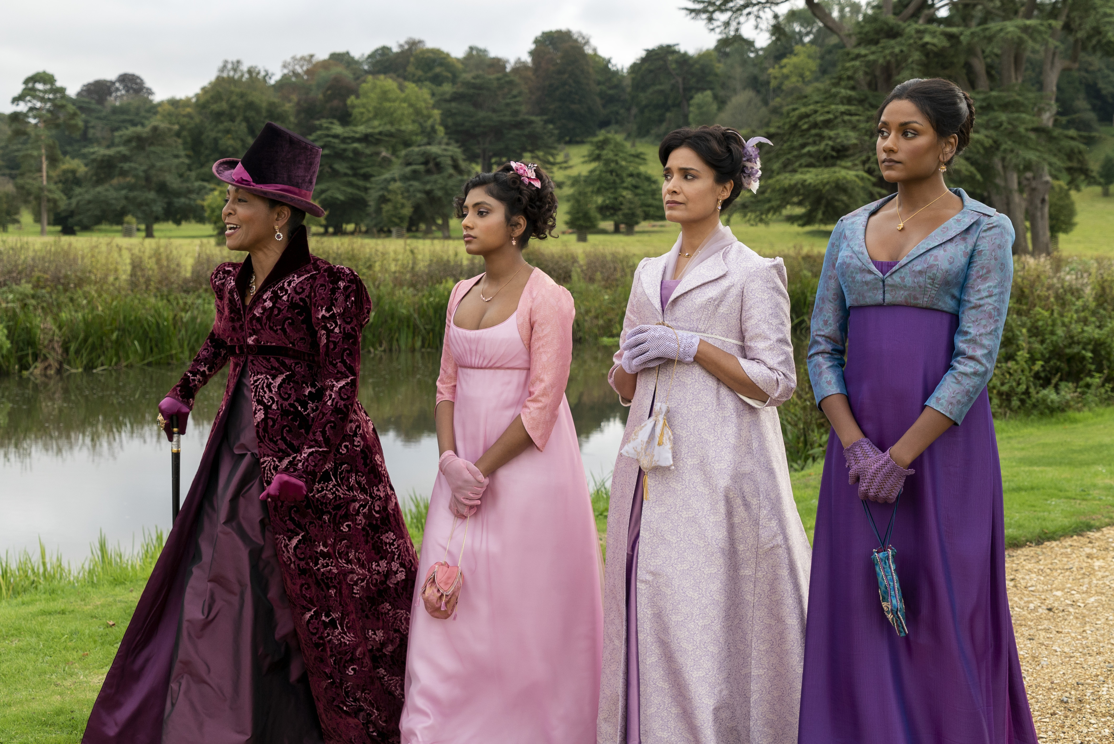 Adjoa Andoh as Lady Danbury, Charithra Chandran as Edwina Sharma, Shelley Conn as Mary Sharma, Simone Ashley as Kate Sharma in Bridgerton 